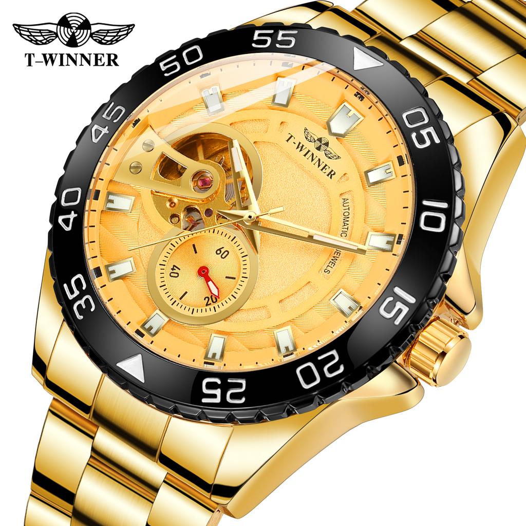 T-WINNER Neue Mode Wasserdichte Mechanische Herren-Automatik-Uhr mit Leuchtzeigern und Edelstahlarmband 3BAR Wasserdichtigkeit