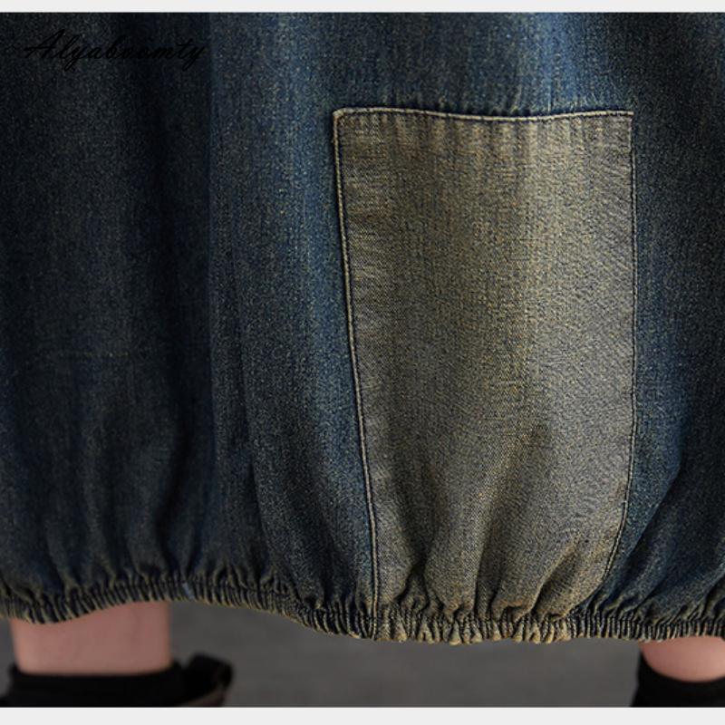 Plus Größe Frühling Sommer Frauen Denim Midi Kleid O Neck Patchwork Übergroßen Taschen Kleid Halbe Hülse Vintage Lose Kleid