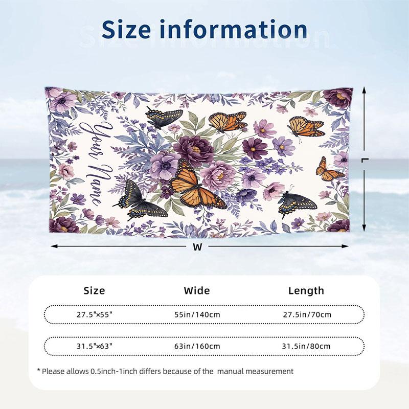 Butterflies Floral Elegance 4 Theme Quick Dry Beach Towel Custom Name Text Print Large Sand Resistant Towel Beach Vacation