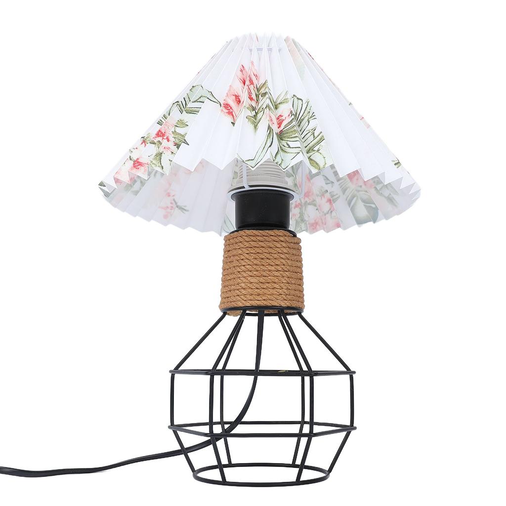 Pleated Lampshade Table Lamp Vintage Jute Rope Iron Geometric Bedside Lamp for Bedroom Living Room Office