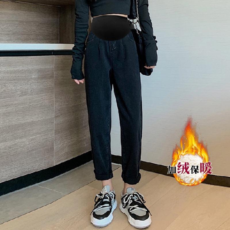 8 Pregnant women's thickened elastic lamb wool jeans, winter dad pants, warm outer wear, casual belly support pants