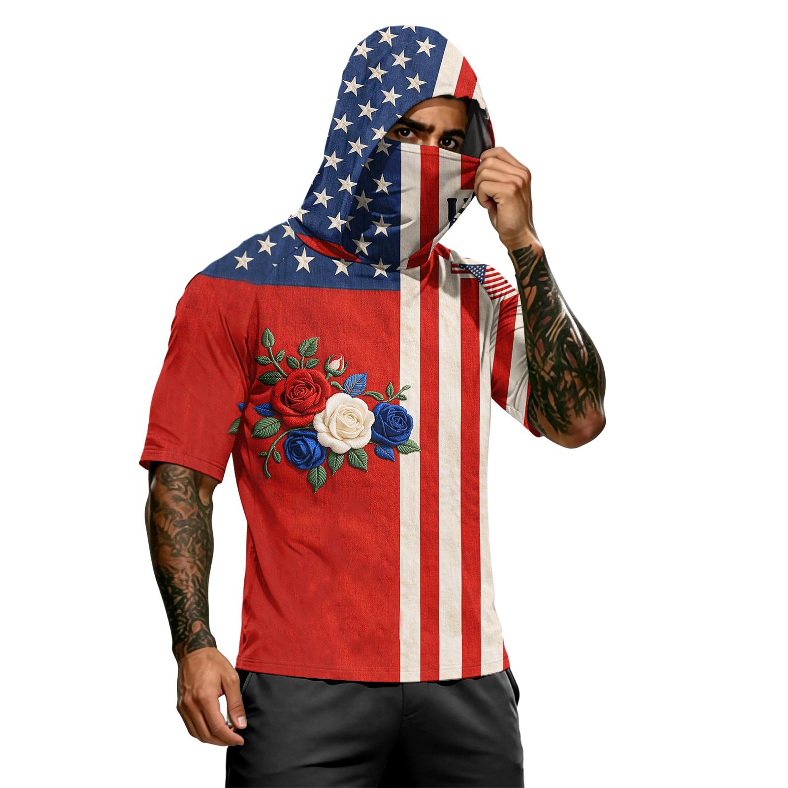 

Men s Short Sleeve Hooded T Shirt USA Flag Patchwork Graphic Print Casual Pullover Top with Drawstring Hood L