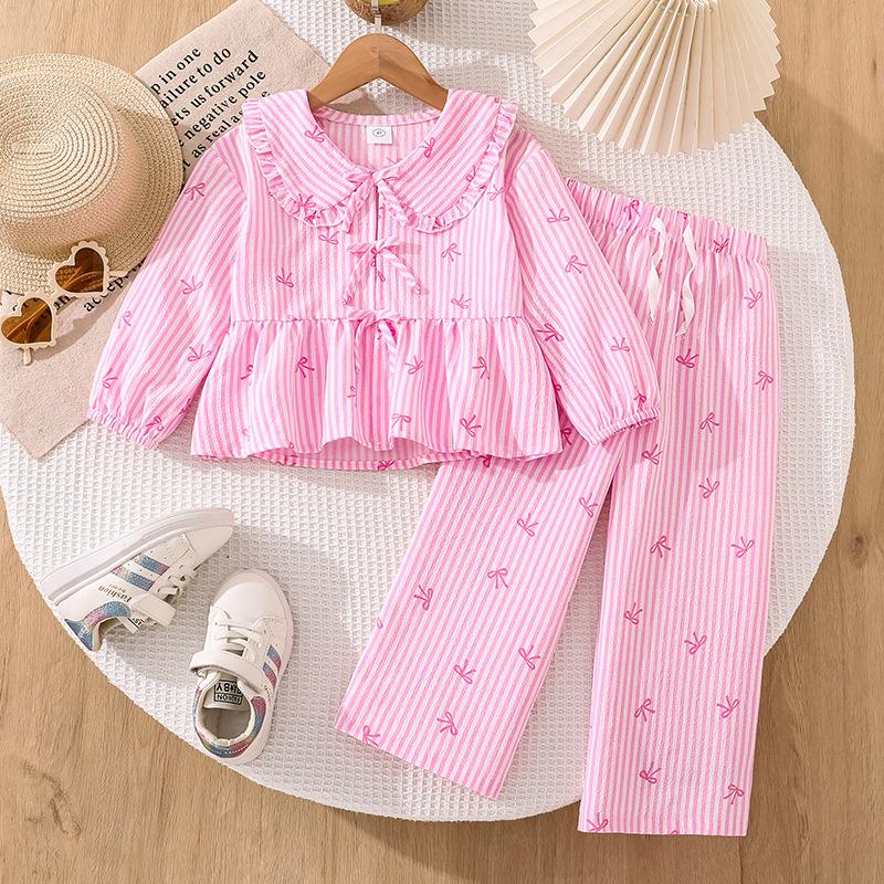 

Модный комплект для девочек на осень: детская полосатая кофта с длинным рукавом и принтом банта и длинные брюки 130cm=7Y розовый