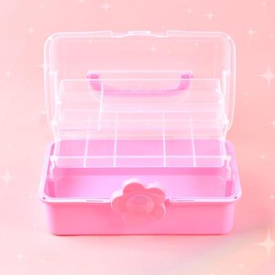 Pink Three-Layer Foldable Art Storage Box - Transparent Plastic Organizer for Students