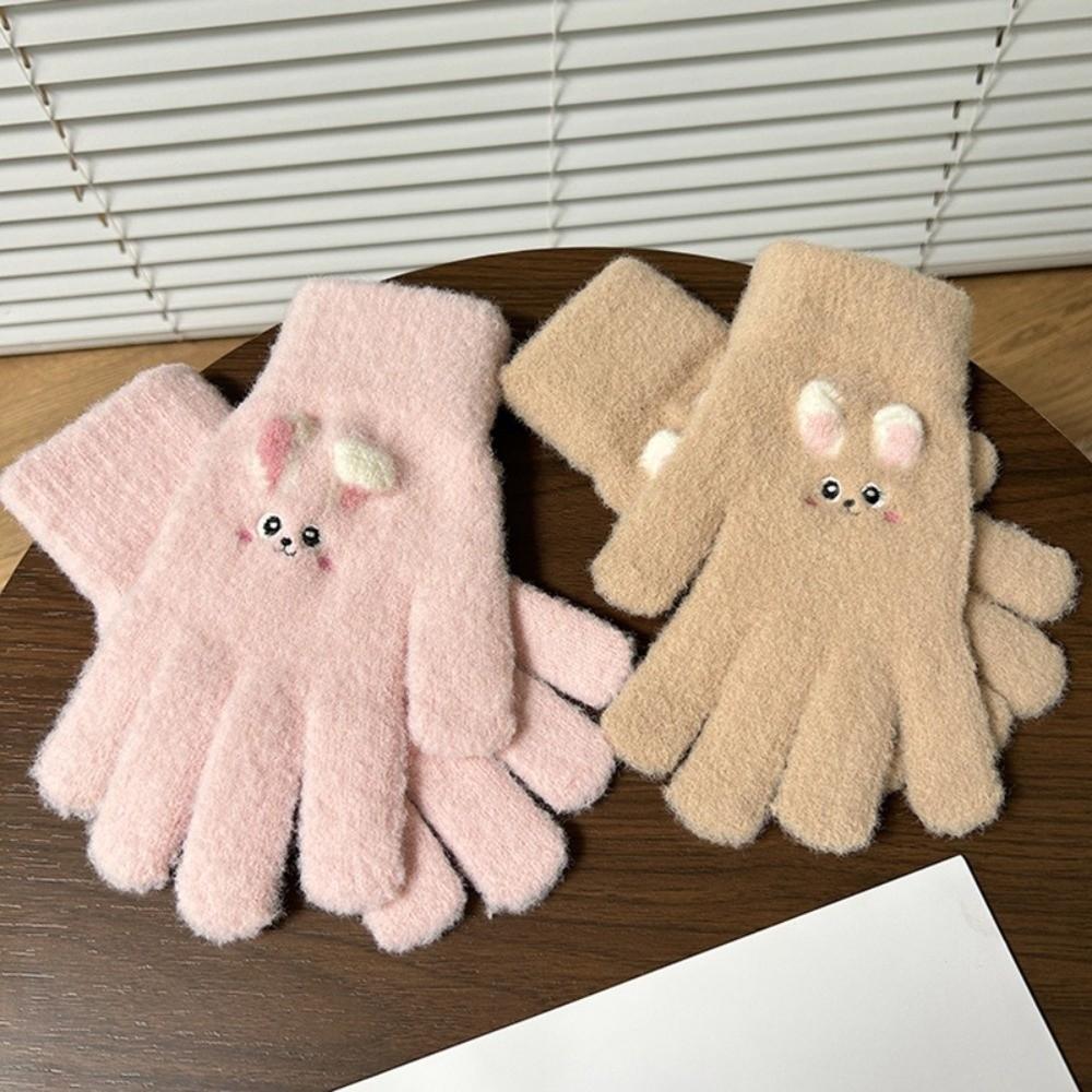 Daily Use Full Finger Embroidered Gloves Rabbit Pattern Winter Warm Gloves Outdoor Wear