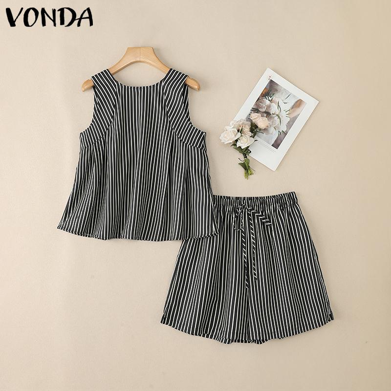 

VONDA Women Tanks Sets Sleeveless Striped Tops and Mini Shorts Outfits S