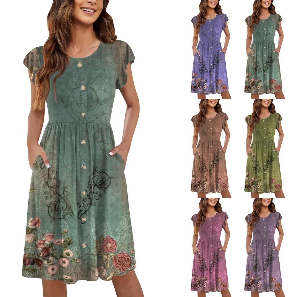 Women's Round Neck Summer Fly Sleeve Casual Printed Loose Button Pocket Midi Dresses