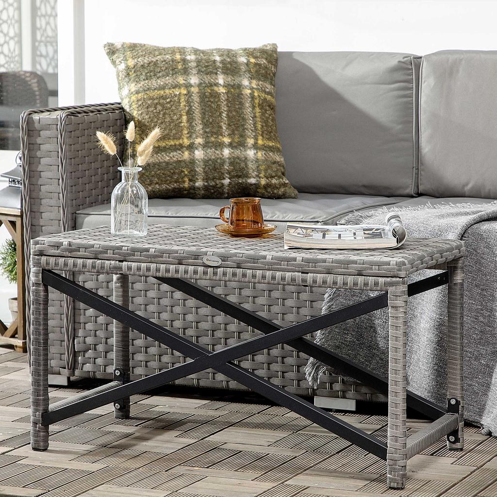 Outdoor Coffee Table, Garden PE Rattan Side Table with Plastic Board Under the Full Woven Table Top and X-Shaped Frame for Patio, Balcony, Mixed Grey