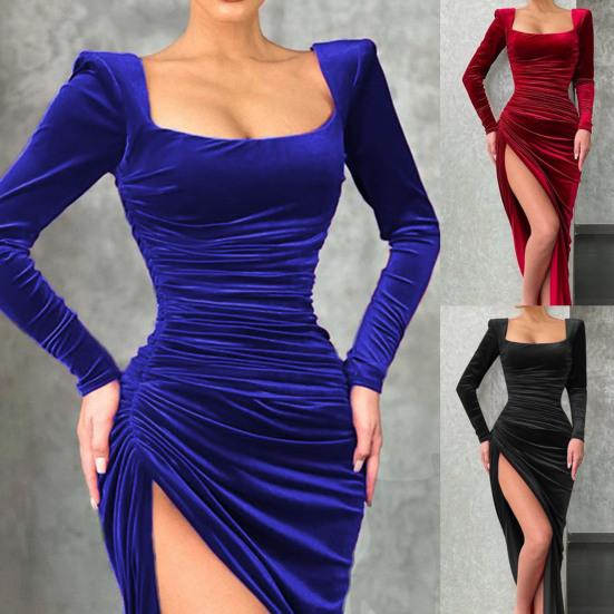 Lady Petticoats Plus Size Evening Dress High Slit Square Neck Right Angle Shoulder Pleated Banquet Dress for Parties