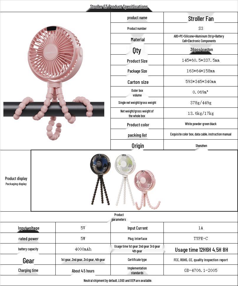 Octopus Baby Stroller & Desktop Mini Fan with USB Charging Tripod