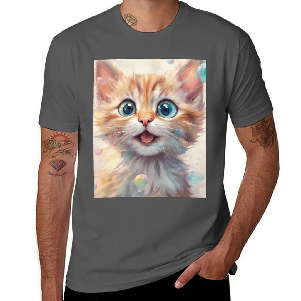 Soap Bubble Lover Cute Yellow Cat TShirt Breathable Basic Cotton TShirt