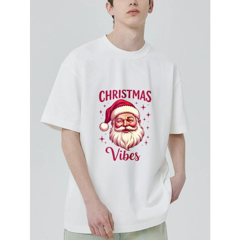 Christmas Vibes Santa Claus Print Black T-Shirt for Holiday Party and Festive Occasions