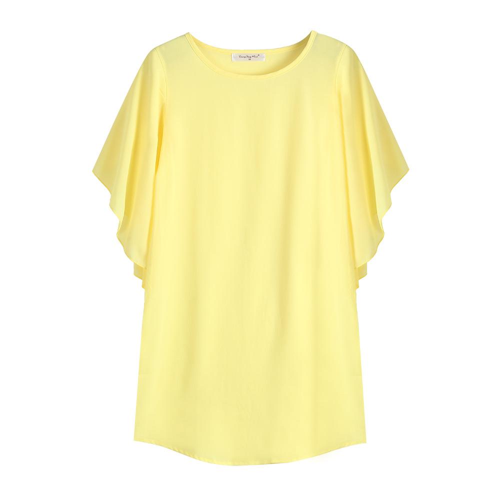 

Женская элегантная однотонная шифоновая футболка с рюшами, свободный летний длинный топ с короткими рукавами XL жёлтый