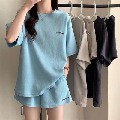 Women's Korean Style Summer Sports Suit - Loose Waffle Knit T-Shirt & Shorts Two-Piece Set