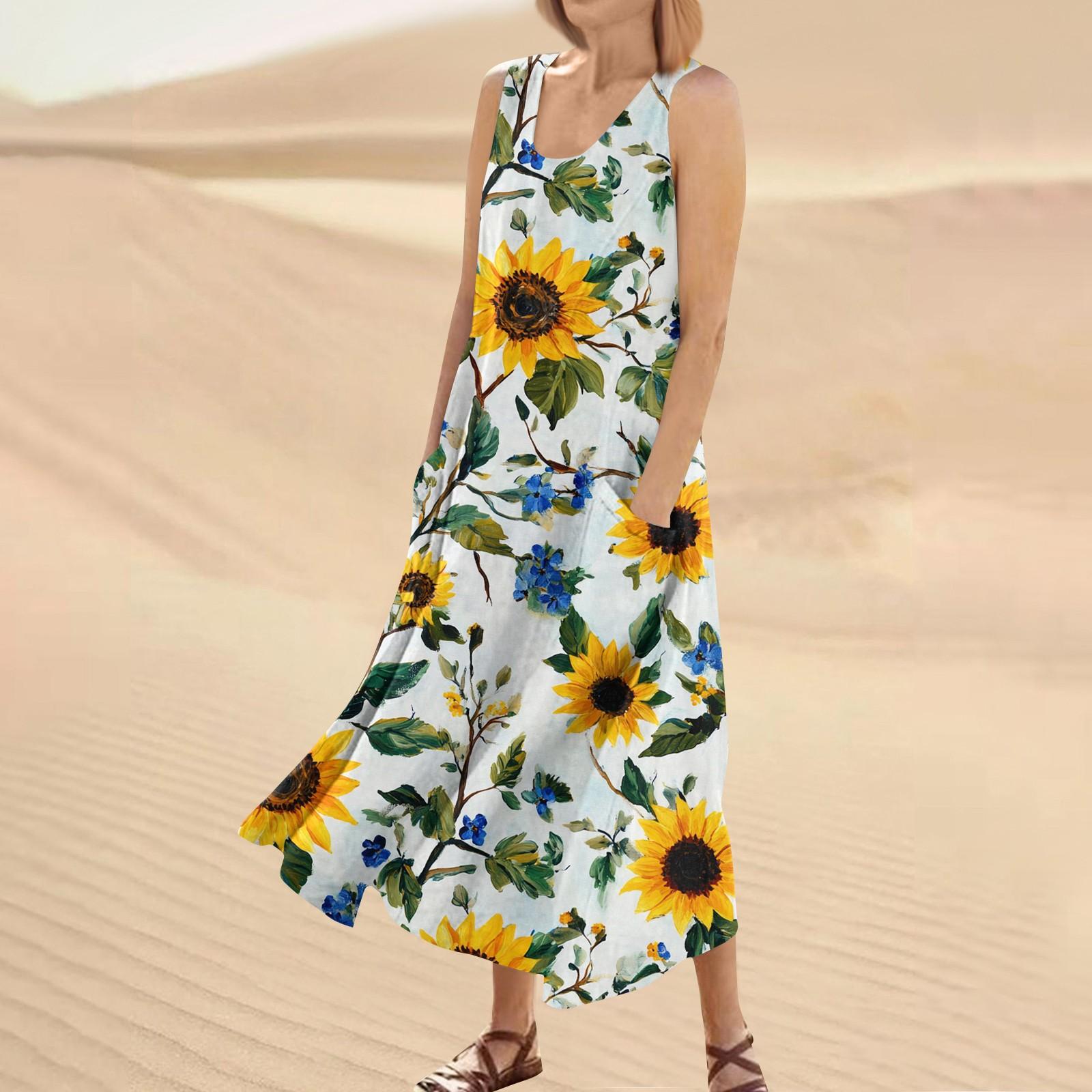 

Women s Summer Casual Fashion Flower Printed Sleeveless Round Neck Pocket Dress XL жовтий