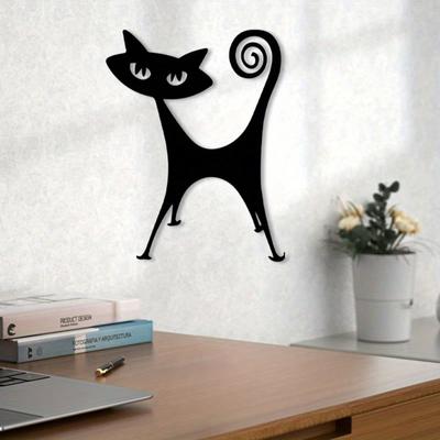 Retro Atomic Cat Metal Wall Art Black Powder Coated Iron Sculpture Mural