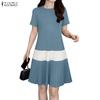 Women Casual Round Neck Short Sleeve Pleated Hem Summer Dress