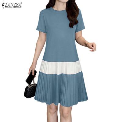 Rochie de vară casual pentru femei, cu gât rotund, mânecă scurtă și tiv plisat