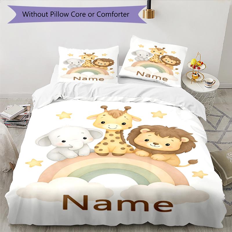 3pcs Custom Name Animals Bedding Set Duvet Cover Closure Includes 1 Duvet Cover & 2 Pillowcases, Soft and Comfortable for All Seasons.