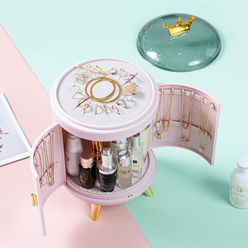 Crown Luxury Cosmetics Organizer Makeup Storage Box Desktop Rotating Jewelry Ring Display Box Storage Shelf Dustproof Makeup Box