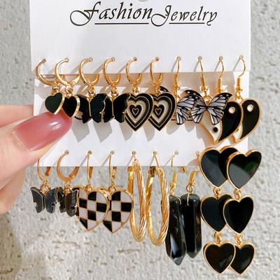 Black Butterfly Heart Gold Color Dangle Earrings Set For Women Vintage Acrylic Pearl Hoop Earrings  Trendy Jewelry Gifts