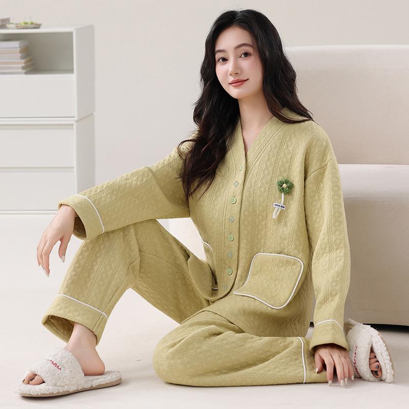 Pajamas Women'S Autumn And Winter Thickened Pure Cotton Long-Sleeved Sandwich Air Cotton Large-Size Warm Loungewear Set