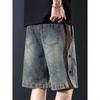 Mens Vintage Washed Denim Shorts Casual Elastic Waist Drawstring Knee Length Pants