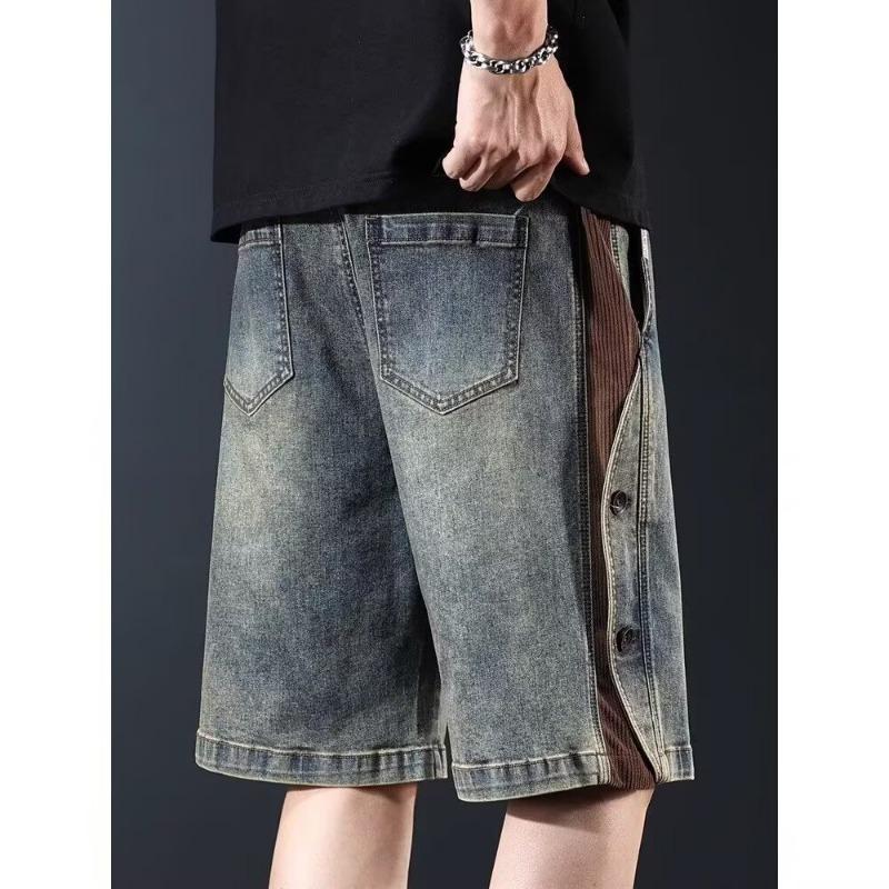Mens Vintage Washed Denim Shorts Casual Elastic Waist Drawstring Knee Length Pants