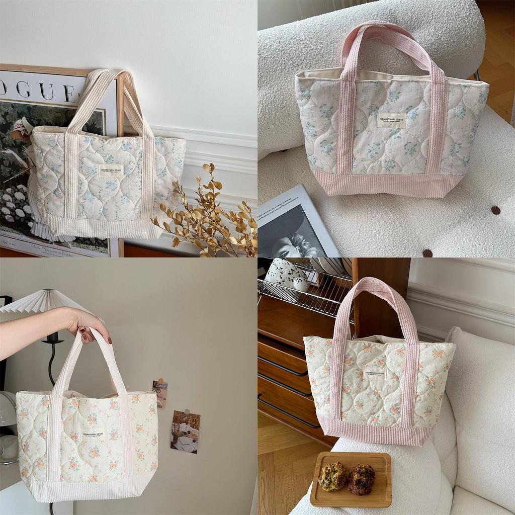 Vintage Flower Pattern Quilted Tote Bag Soft Cotton Commuter Organizer Bag For Daily Use