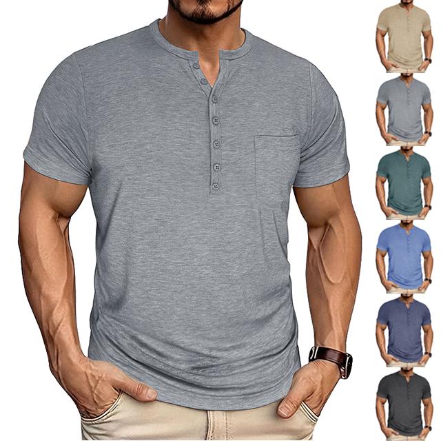 Men Henley Neck Short Sleeve T Shirt with Button Pocket Casual Stretchy Summer Basic Top for Everyday Wear