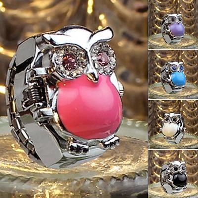 Women Girl Shiny Rhinestone Owl Case Stainless Steel Elastic Finger Ring Watch