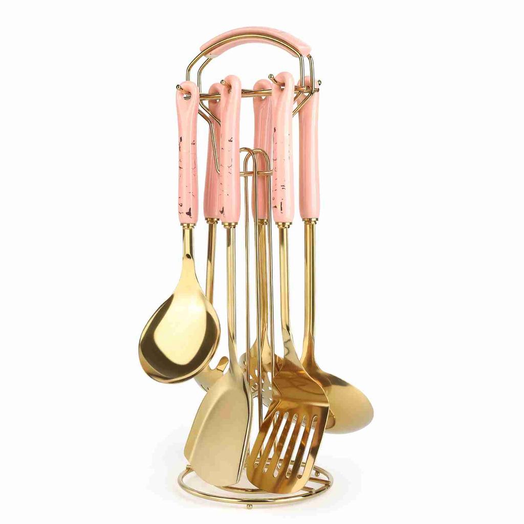 7PCS Stainless Steel Cooking Utensils Set Ceramic Handle Kitchen Spatulas Spoons Set Pink and Gold