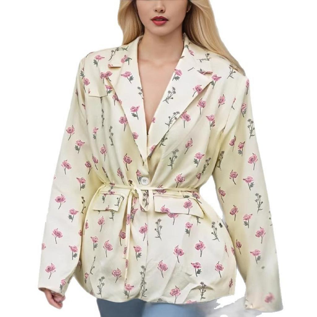 Women's V-neck Waist Cinching Tie Belt Coat Fall Winter Fashion Loose Versatile Slimming Jacket for Women European American Style