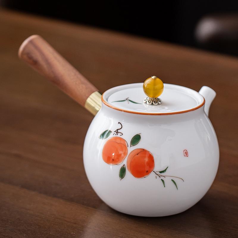 Hand-painted Mutton Fat Jade White Porcelain Teapot Single Pot Hand with Handle Side Handle Teapot Xishi Pot Kung Fu Tea Set Tea