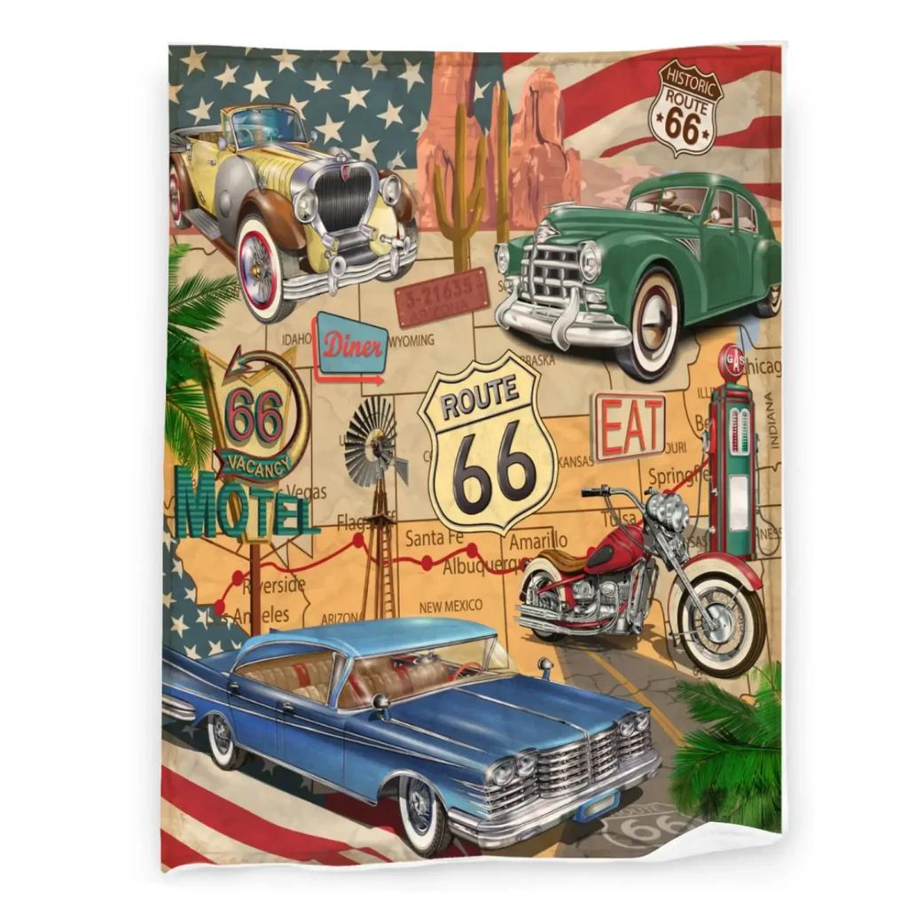 Soft Flannel Throw Blanket Retro Car Motel Route  Warm Cozy Plush All Season Bed Living Room Bedroom Cover