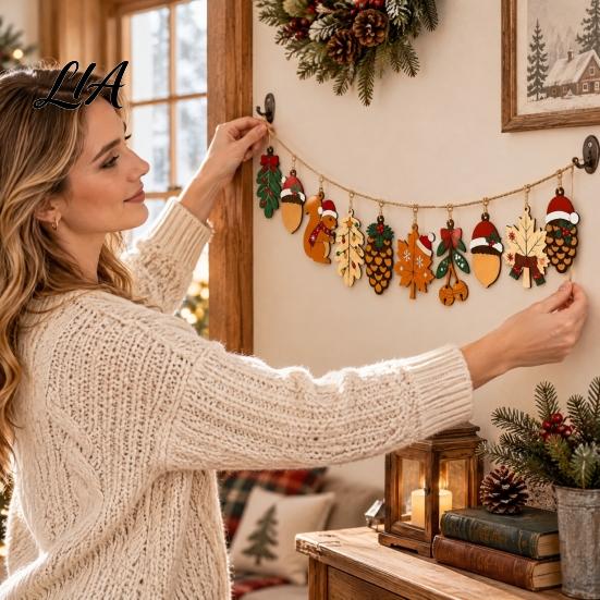 Indoor Window Hanging Decorations Christmas Forest Theme Pendant, Wooden Ornaments with Squirrels Acorns and Pine Natural Winter Home Accents