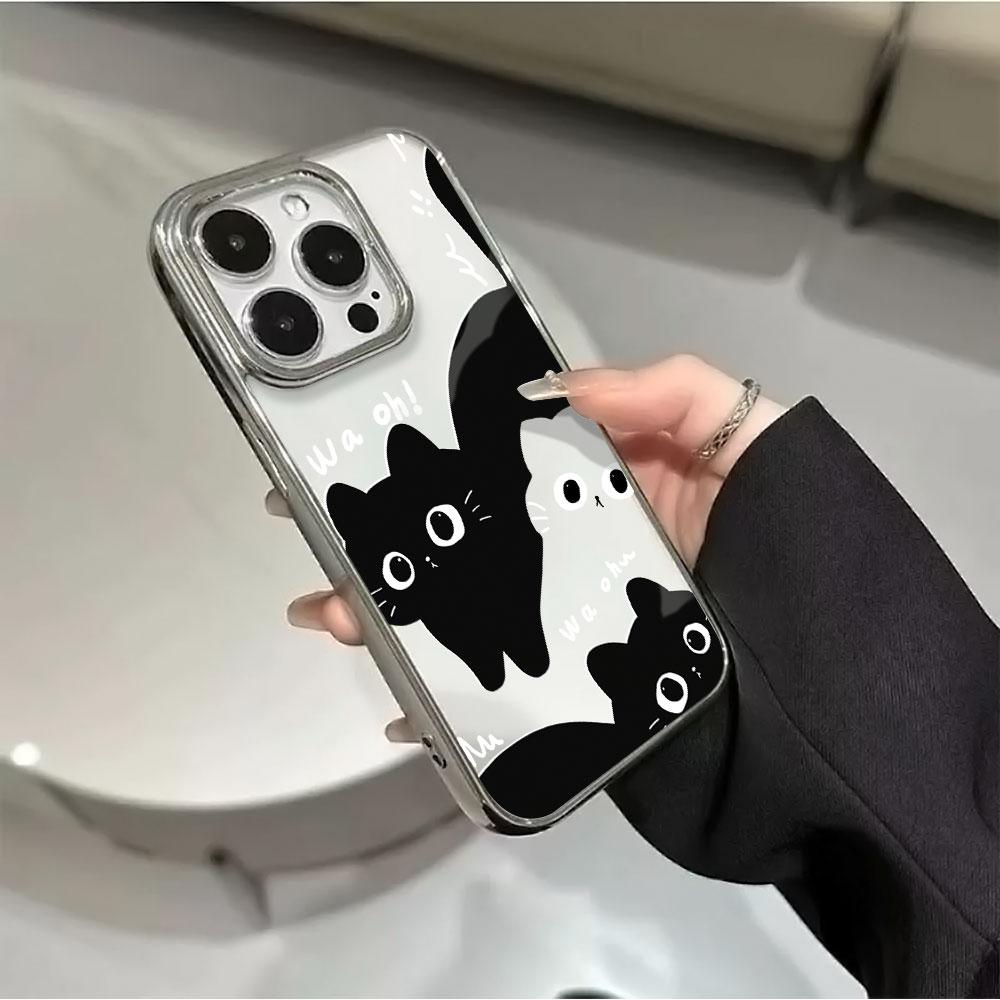 Cute Black White Cat Electroplated Clear Phone Case For iPhone 17 Pro Max 16 15 14 13 12 11 Pro 16 Plus 17 Air Shockproof Cover