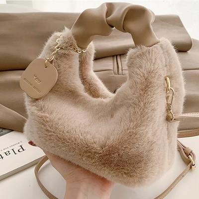 Women's Faux Fur Plush Hobo Crossbody Bag, Cute Solid Color Soft Underarm Bag with Ruched Handle, Fashion Winter Shoulder Purse
