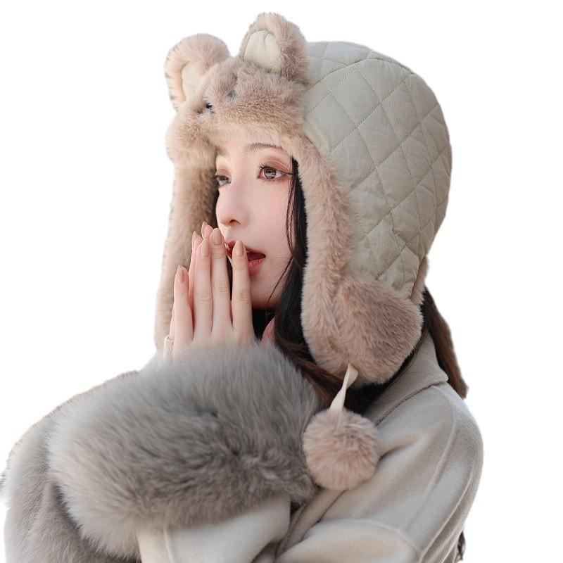 Cute Rabbit Ear Plush Hat for Women In Winter Plush Warm Lei Feng Hat Riding Cold Northeast Ear Protection Hat Thick