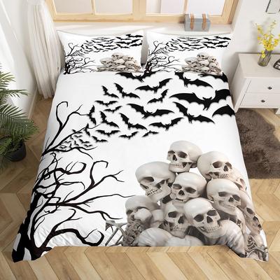Halloween Duvet Cover Sugar Skull Head Bedding Set Queen/Full Size, Spooky Scary Bats Skeleton Comforter Cover for Teens Youth