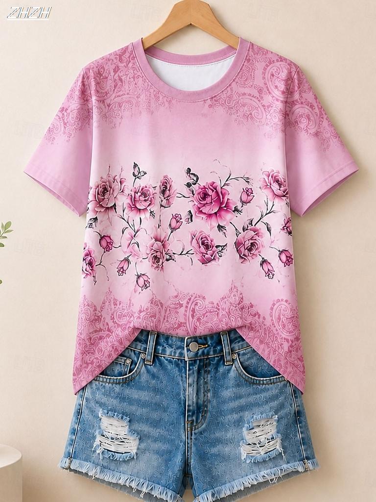 Women's Summer Tops Fashion Stylish Modern Short Sleeve Crew Neck Round Neck Regular Tops Casual Summer Spring