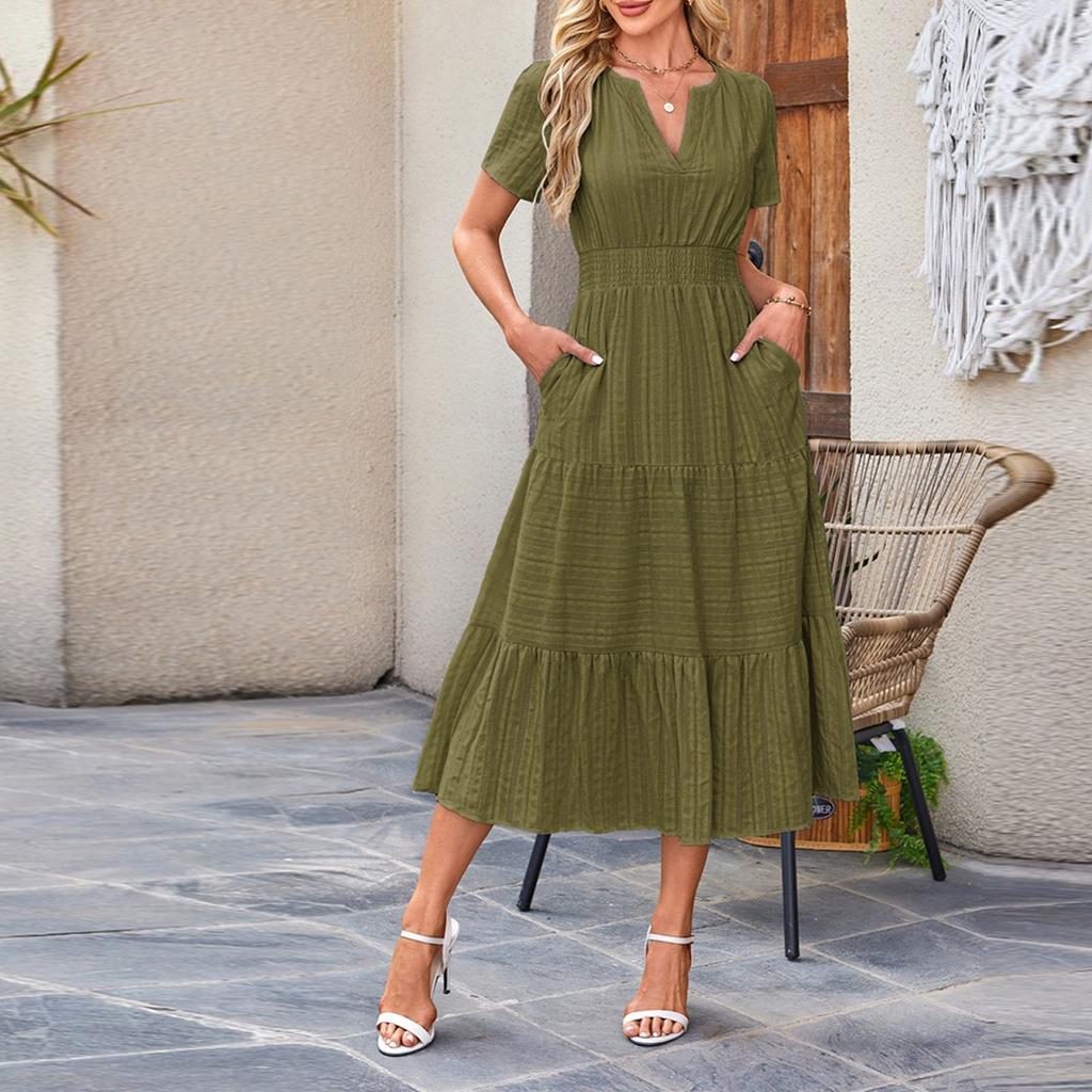 Women's V-neck Pleated Puff Sleeve Long-sleeved Dress