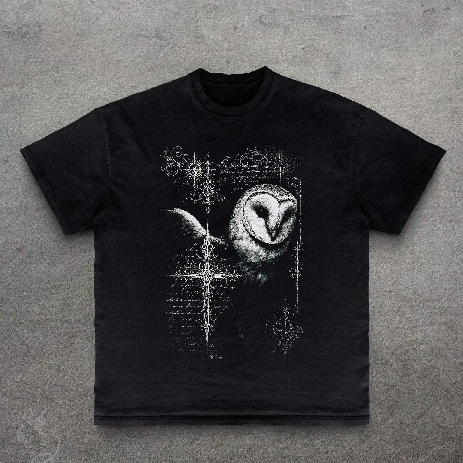 Gothic Owl Graphic Tee, Vintage Style Dark Art T-Shirt for Men Women, Occult Barn Owl Cross Top, Spooky Nature Lover Shirt, Goth Clothing 4XL