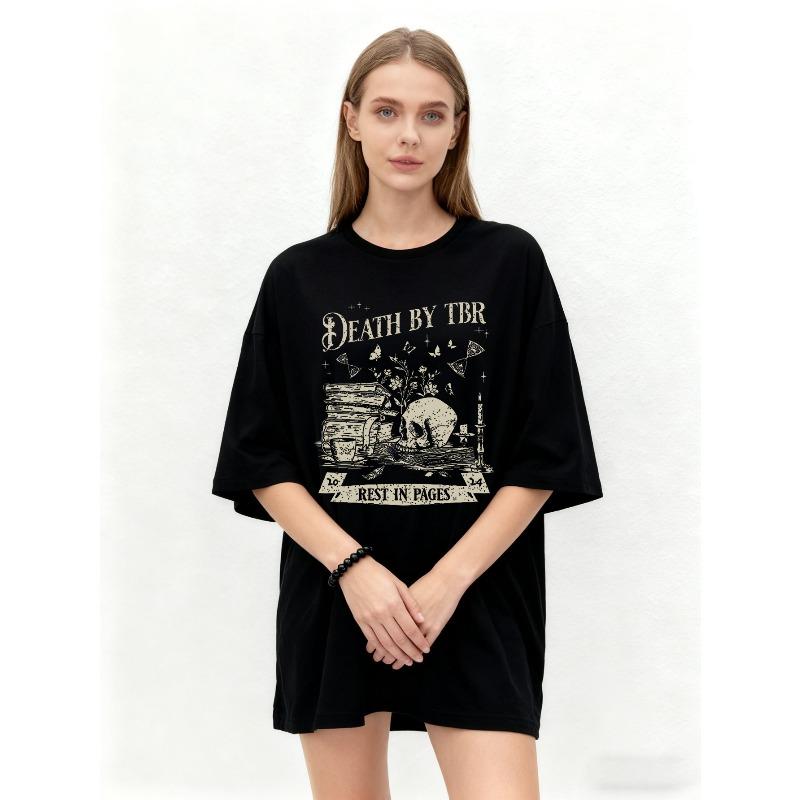 Black Death By TBR Book Stack Skull And Tree Graphic Print Rest In Pages Text Design For Casual Wear Reading Lovers Fashion Statement Piece