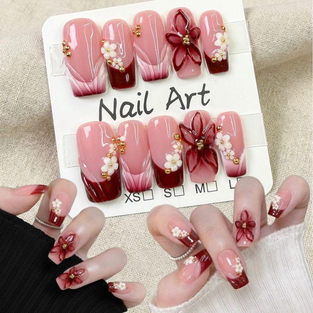 10Pcs Pink Flower Designs False Nails Sweet Extended Nail Extensions Fake Nail Tips  Nail Tool