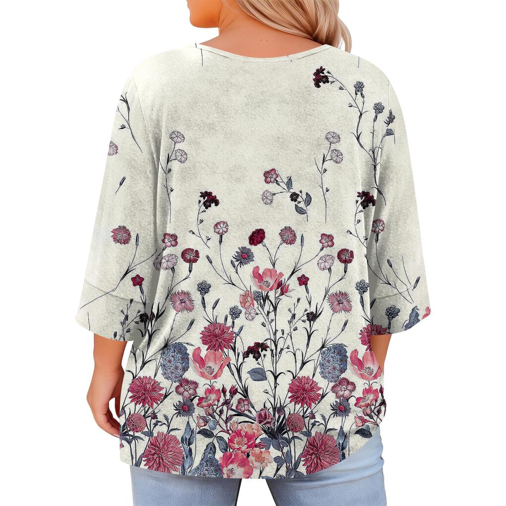 Women's Fashion Casual Round Neck Three-Quarter Sleeve Oversized Print Top
