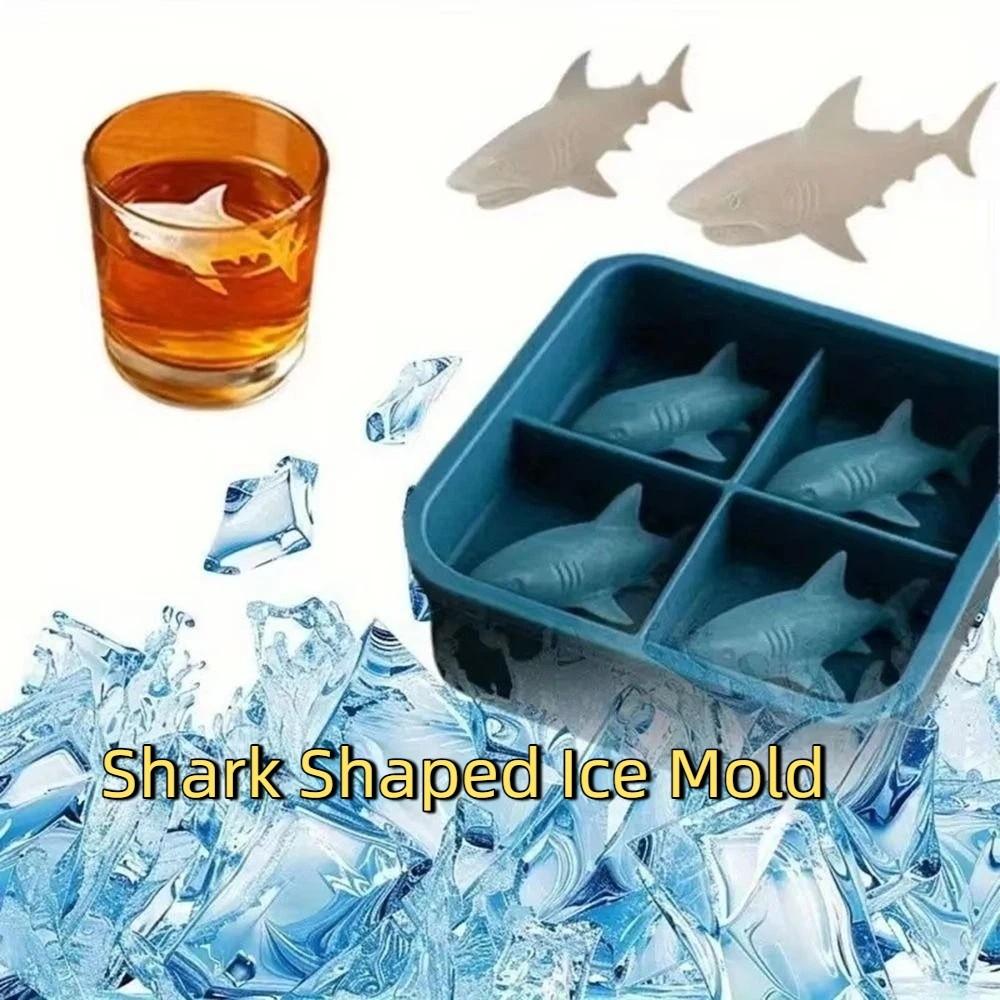 2PCS Silicone Shark Shaped Ice Mold 4-Cavity Shark Ice Cube Maker Cute Shark Whiskey Ice Mold  Party