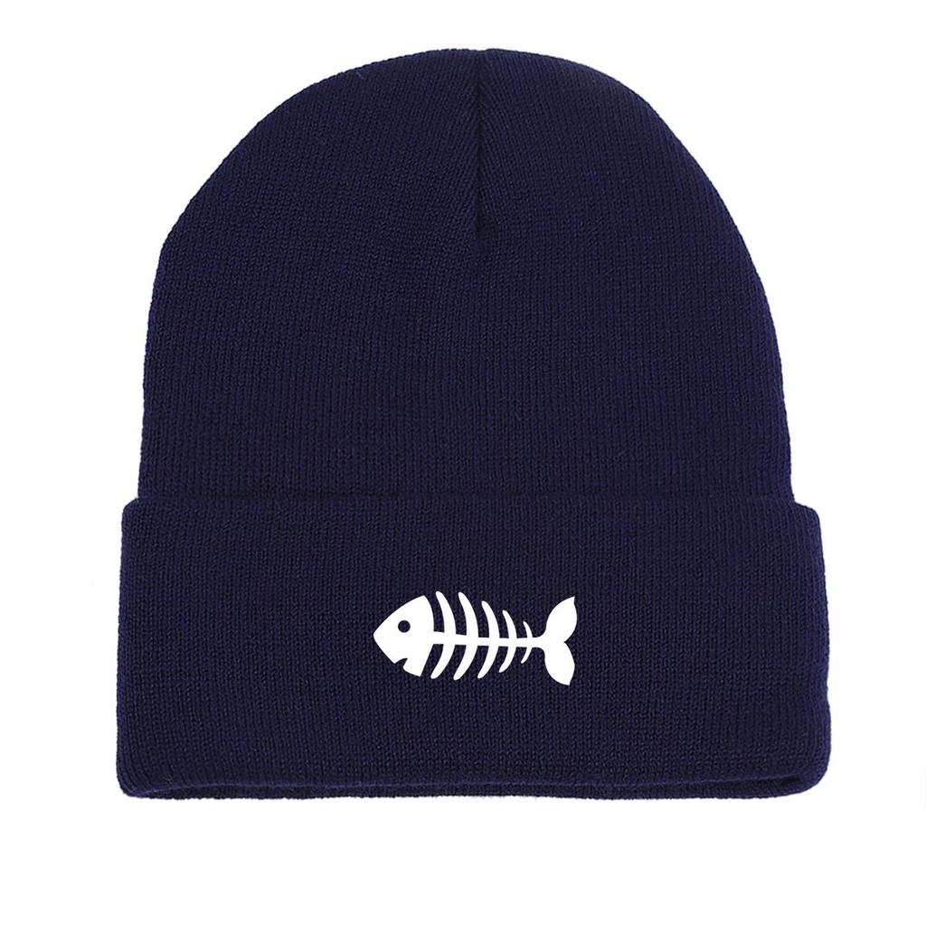 White Fish Bones Warm Knitted Cap Beanie, Skull Cap Windproof Cancer Chemo Unisex Headwear Knit Cap Beanie