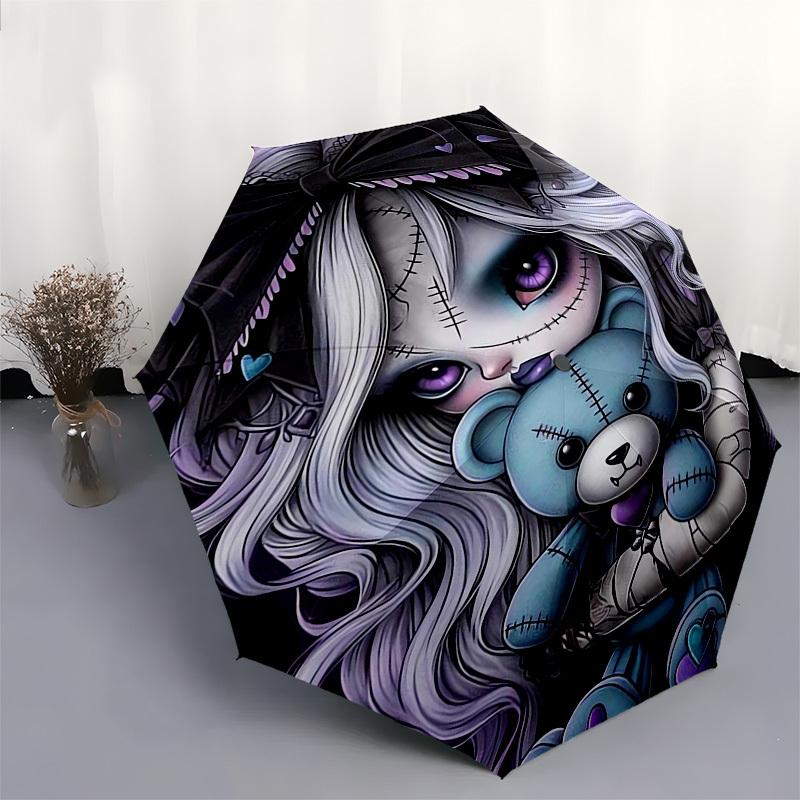 Gothic Doll, Teddy Bear Themed Automatic Opening and Closing Umbrella, Compact Travel Umbrella, Lightweight and Portable, Suitable for Beach