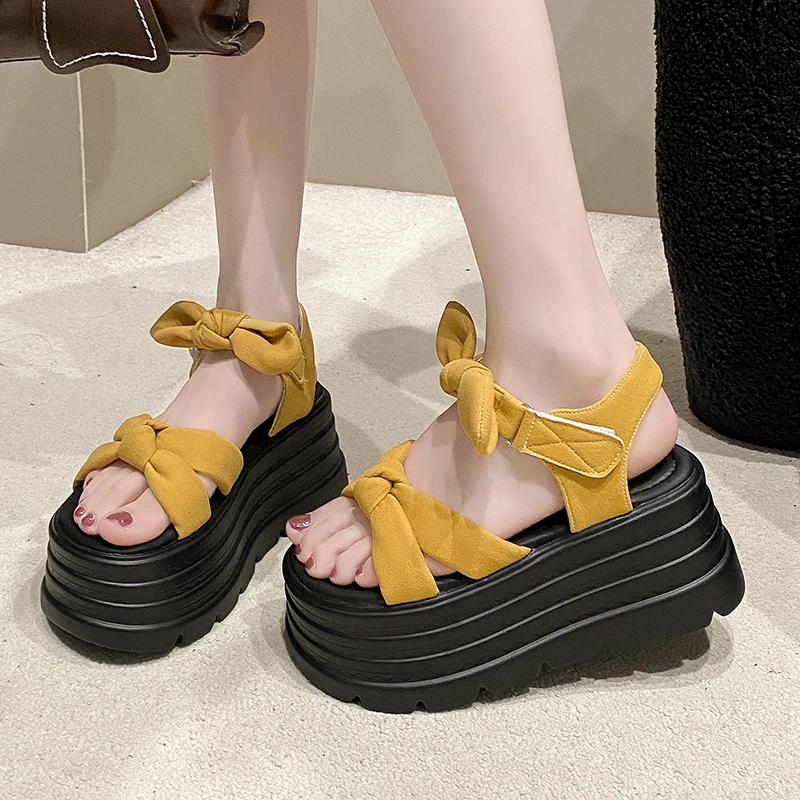Fashion 8CM High Platform Sandals Women New Summer Breathable High Heels Ladies Butterfly-knot Sneakers Wedges Chunky Slippers Sandalias